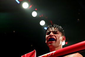 Ryan Garcia reacts after their WBC Super Lightweight title bout against Devin Haney at Barclays Center on April 20, 2024 in New York City.