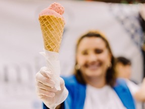 Closeup of gelato in a waffle cone.