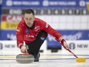 Canada's Brad Gushue in action during the final game against Sweden at the Men's World Curling Championship, at the IWC Arena in Schaffhausen, Switzerland, Sunday, April 7, 2024.