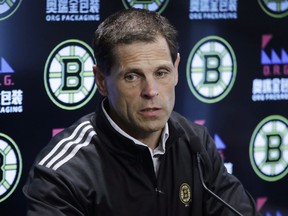 Boston Bruins general manager Don Sweeney speaks during a news conference at the hockey team's practice facility, Tuesday, Sept. 17, 2019, in Boston. Sweeney has been named Canada's GM for the inaugural NHL 4 Nations Face-Off tournament.
