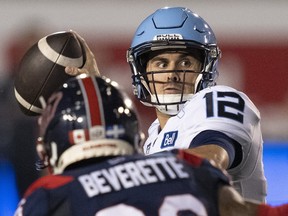 Toronto Argonauts quarterback Chad Kelly throws under pressure during a game against the Montreal Alouettes last July.