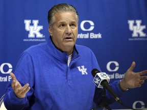 FILE - Kentucky coach John Calipari speaks to the press during Kentucky's NCAA college basketball media day in Lexington, Ky., Wednesday, Oct. 20, 2021. Calipari is stepping down as Kentucky's men's basketball coach after 15 years, saying Tuesday, April 9, 2024, on social media that the "program probably needs to hear another voice" amid reports that he's closing in on a deal with Arkansas to take over that Southeastern Conference program.
