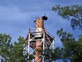 This photograph taken on April 22, 2024 in Kharkiv shows damage to the Kharkiv Television Tower after officials reported a Russian strike on the city.