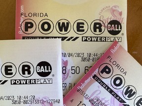 Powerball lottery tickets are displayed Oct. 4, 2023, in Surfside, Fla.