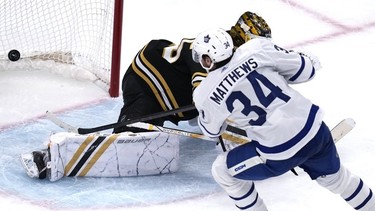 Maple Leafs' Auston Matthews beats Boston Bruins goaltender Linus Ullmark for a goal during the third period of Game 2 of their first-round playoff series, Monday, April 22, 2024, in Boston.
