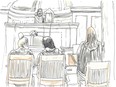 Court of King's Bench Chief Justice Glenn Joyal, top, and defence lawyers, bottom left to right, Brittney Hoyt, Leonard Tailleur and Alyssa Munce are shown in this courtroom sketch in Winnipeg on Monday, April 29, 2024.