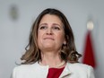 Finance Minister Chrystia Freeland listens to a speaker during a news conference in Vancouver on Wednesday, March 27, 2024. Freeland says Ottawa is setting up a $500-million fund to help community health organizations provide more mental health care to young people.