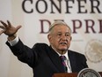 Mexican President Andres Manuel Lopez Obrador gives his regularly scheduled morning press conference at the National Palace in Mexico City, Tuesday, April 16, 2024.