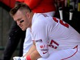 Mike Trout of the Los Angeles Angels waits in the dugout against the Baltimore Orioles at Angel Stadium of Anaheim on April 24, 2024 in Anaheim, Calif.