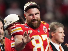 FILE - Kansas City Chiefs tight end Travis Kelce (87) waves after the NFL Super Bowl 58 football game against the San Francisco 49ers Sunday, Feb. 11, 2024, in Las Vegas. Kelce will bring his highly successful music festival called Kelce Jam back to Kansas City. The second annual one-day event held on May 18 will be hosted by the superstar tight end of the Chiefs and headlined by Lil Wayne, 2 Chainz, Diplo and local legend Tech N9ne.