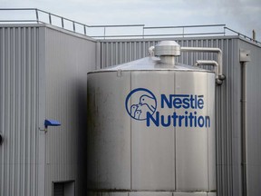 The logo of Nestle is pictured outside the baby food production plant in Arches (eastern France) on May 11, 2017.