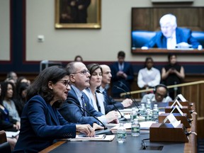 Nemat "Minouche" Shafik, president of Columbia University, left, testifies at a House Committee on Education and the Workforce hearing on Capitol Hill in Washington, Wednesday, April 17, 2024.