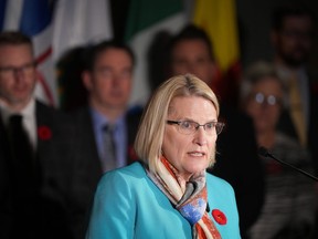 Ontario Health Minister Sylvia Jones responds to questions during a news conference in Vancouver, on Monday, November 7, 2022. Jones and her ministry are refusing to divulge the amount of money that seven patients in the province have been fined for refusing transfers from a hospital to a long-term care home not of their choosing.