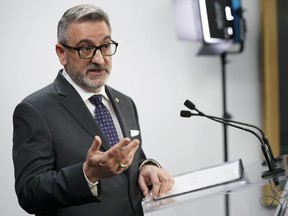 Paul Calandra, Ontario Minister of Municipal Affairs and Housing speaks during a press conference regarding housing development in the Greater Toronto Area at Toronto City Hall, in Toronto on Thursday, Feb. 22, 2024.