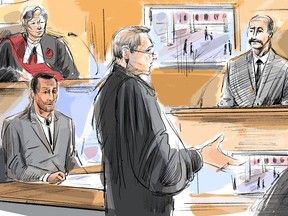 Justice Anne Molloy, Umar Zameer, Det. Adam Taylor, Nader Hasan and Crown Michael Cantlon are shown in a courtroom sketch.
