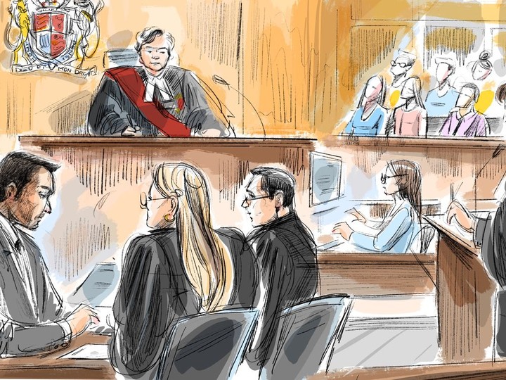  Umar Zameer, left to right, defence lawyers Alexandra Heine, Nader Hasan, Crown attorney Karen Simone are shown in this courtroom sketch as Justice Anne Molloy and jury members look on in Toronto on Thursday, March 21, 2024. ALEXANDRA NEWBOULD/THE CANADIAN PRESS
