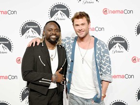 Brian Tyree Henry, left, and Chris Hemsworth arrive at the Paramount Pictures 2024 CinemaCon Presentation Red Carpet on Thursday, April 11, 2024 at Caesars Palace in Las Vegas, Nevada.