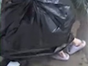 Someone using a garbage bag as a disguise in order to steal package from someones porch.