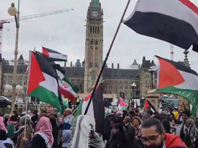 Screengrab from video posted to X of a protest in Ottawa at Parliament Hill on Saturday, April 20, 2024.
