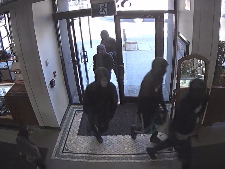  Five bandits were captured on security video as they burst into a jewelry store near Danforth and Pape Aves. armed with pepper spray, smashed display cases with hammers and fled in a stolen vehicle with an undisclosed amount of merchandise on Monday, April 22, 2024.