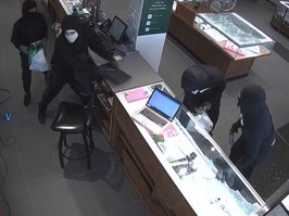 Five bandits were captured on security video as they burst into a jewelry store near Danforth and Pape Aves. armed with pepper spray, smashed display cases with hammers and fled in a stolen vehicle with an undisclosed amount of merchandise on Monday, April 22, 2024.