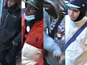 Investigators need help identifying and locating four males suspected of a street robbery near Queen St. W. and Spadina Ave. on Saturday, March 30, 2024