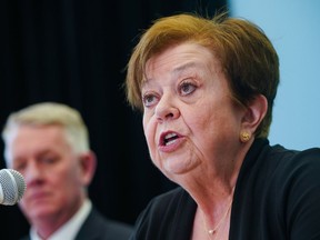 Saskatchewan Minister of Finance Donna Harpauer speaks during a press conference in Regina, on Wednesday, March 20, 2024.