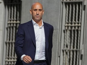 FILE - Former president of Spain's soccer federation Luis Rubiales arrives at the National Court in Madrid, Spain, Friday, Sept. 15, 2023. Spanish police detained former soccer federation president Luis Rubiales on his return to the country amid an ongoing corruption probe, Spain's Civil Guard said Wednesday, April 3, 2024. Rubiales was returning to Spain amid a judicial probe into the business deal to hold the Spanish Super Cup in Saudi Arabia.