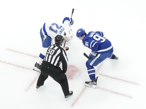 A new study has found that more than 86 per cent of Ontarians who recently gambled online did so through regulated sites, though the unregulated market is still sizable. Maple Leafs captain John Tavares and Lightning's Brayden Point eye the puck during a faceoff in the third period of an NHL game in Toronto on Wednesday, April 3, 2024.