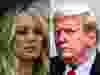 This combination of pictures created on April 12, 2024 shows adult film star Stormy Daniels in Hollywood, California and former U.S. president Donald Trump in New York City on March 25, 2024.