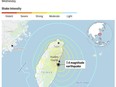 The map above locates the 7.4-magnitude earthquake that struck Taiwan on Wednesday, April 3 and plots its shake intensity.