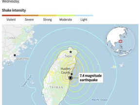 The map above locates the 7.4-magnitude earthquake that struck Taiwan on Wednesday, April 3 and plots its shake intensity.