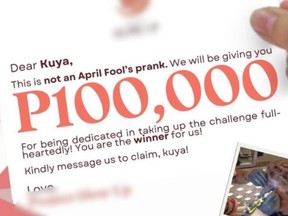 Someone was duped into getting a tattoo on their forehead as part of an April Fools' Day prank in the Philippines.
