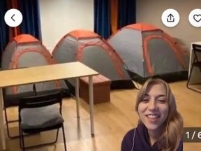 Screenshot of TikTok video showing rental for "tent accommodation" inside Hamilton, Ont., home.