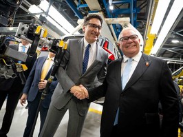 Prime Minister Justin Trudeau shakes hands with Ontario Premier Doug Ford during an event at the Honda of Canada Manufacturing Plant 2 in Alliston, Ont., on April 25, 2024 where it was announced that Japanese automaker Honda will make the largest automotive investment in Canada's history worth $15 billion electric vehicle investment in Ontario that will see four new manufacturing plants built in the province.