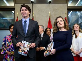 Prime Minister Justin Trudeau, Deputy Prime Minister, Minister of Finance Chrystia Freeland and cabinet ministers pose for a photo before the tabling of the federal budget on Parliament Hill in Ottawa, on Tuesday, April 16, 2024.