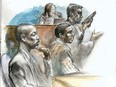 A courtroom sketch from the 2010 trial in Toronto shows Tyshaun Barnett, left, and Louis Woodcock, middle, along with a Crown attorney and the judge. Last week, Barnett was found guilty of shooting a man in Vanier in 2022, causing non-fatal injuries.