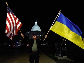 Supporters of Ukraine rally outside the U.S. Capitol after the Senate passed a foreign aid bill on April 23, 2024 in Washington, D.C.