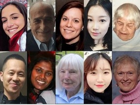 Those killed on April 23, 2018. An 11th victim, Amaresh Tesfamariam, died of her injuries at a later date. Top row, left to right: Anne Marie D'Amico, 30, Munir Najjar, 85, Andrea Bradden, 33, Sohe Chung, 22, Betty Forsyth, 94. Bottom row, left to right: Eddie Kang, 45, Renuka Amarasingha, 45, Geraldine Brady, 83, Ji Hun Kim, 22, Dorothy Sewell, 80. PHOTO BY SOCIAL MEDIA / HANDOUTS