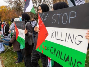 Signs asking for the killing to stop in the Gaza Strip line Western Rd. at a protest on Oct. 29, 2023 in London, Ont. The demonstration was held by various groups including People for Peace London, the Canadian Palestinian Social Association and the Independent Jewish Voices.