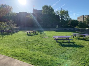 A lawn outside the University Community Centre at Western University in London is empty on Thursday, May 2, 2024, the day after about 100 pro-Palestinian protesters set up an encampment with tents for 12 hours. (Brian Williams/The London Free Press)