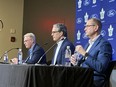 From left: Keith Pelley, Brendan Shanahan and Brad Treliving speak at the Maple Leafs season-ending news conference.