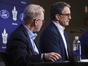 MLSE CEO Keith Pelley (left) and Leafs president, Brendan Shanahan at Friday's news conference.