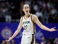 Caitlin Clark of the Indiana Fever reacts after a foul against the Connecticut Sun.