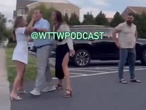 Kylie Kelce (second from right) and husband Jason (right) were harassed by a fan this weekend.