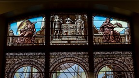 Stained glass that depicts the pre-amalgamation Toronto coat of arms at Old City Hall
