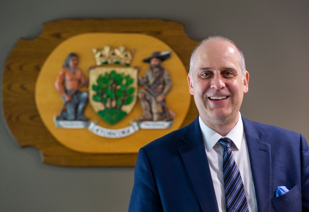  Councillor Stephen Holyday poses for a photo with the Etobicoke coat of arms in his office at Toronto City Hall on Wednesday May 22, 2024. Ernest Doroszuk/Toronto Sun