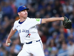 Blue Jays starter Chris Bassitt delivers a pitch in the first inning during a game against the Kansas City Royals at Rogers Centre on May 1, 2024 in Toronto.