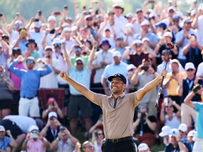 Xander Schauffele of the United States celebrates after winning the PGA Championship.
