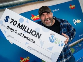Toronto's Gregory Chialtas with his $70-million win from the April 19, 2024, Lotto Max draw.